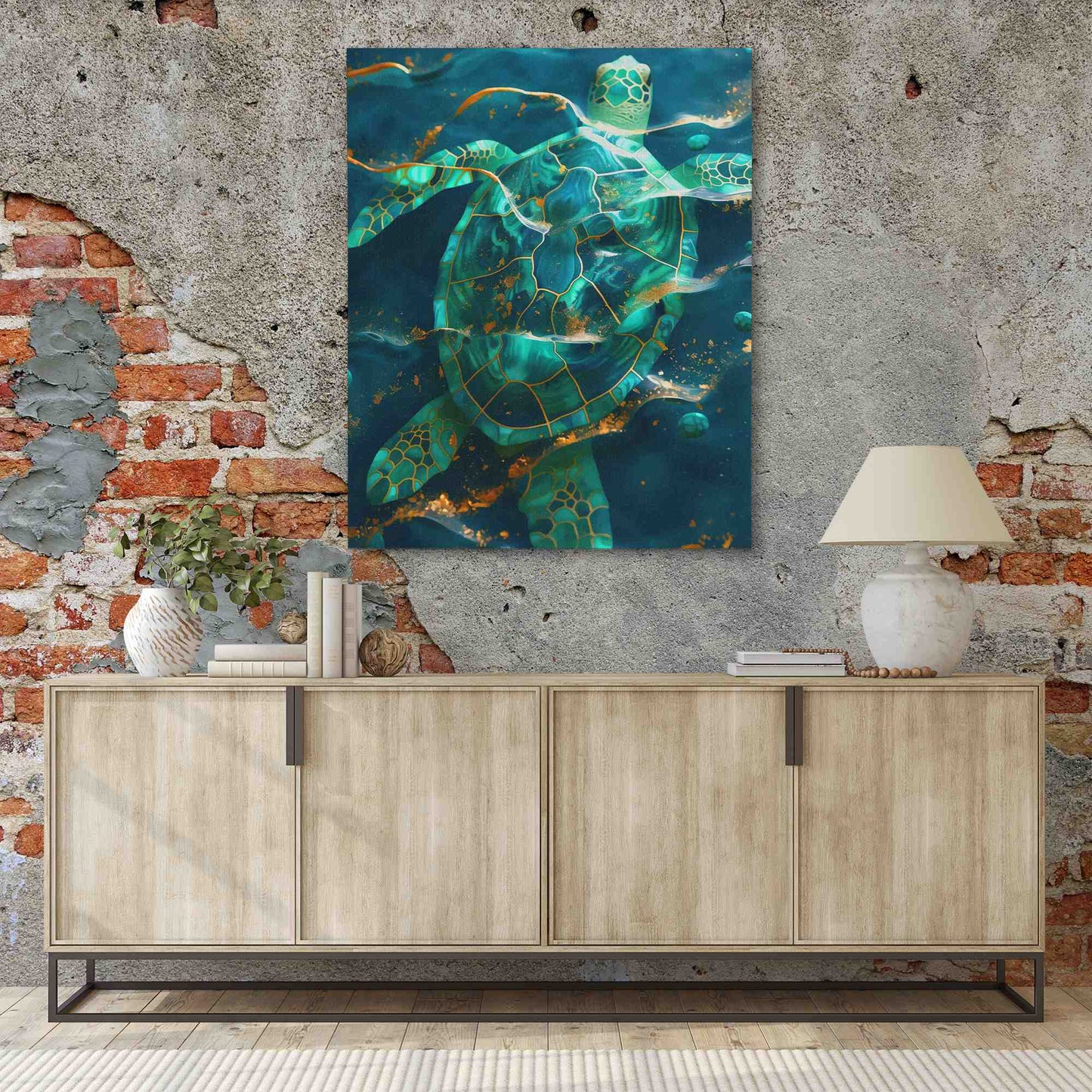 Turtle in Gold Waves - Luxury Wall Art