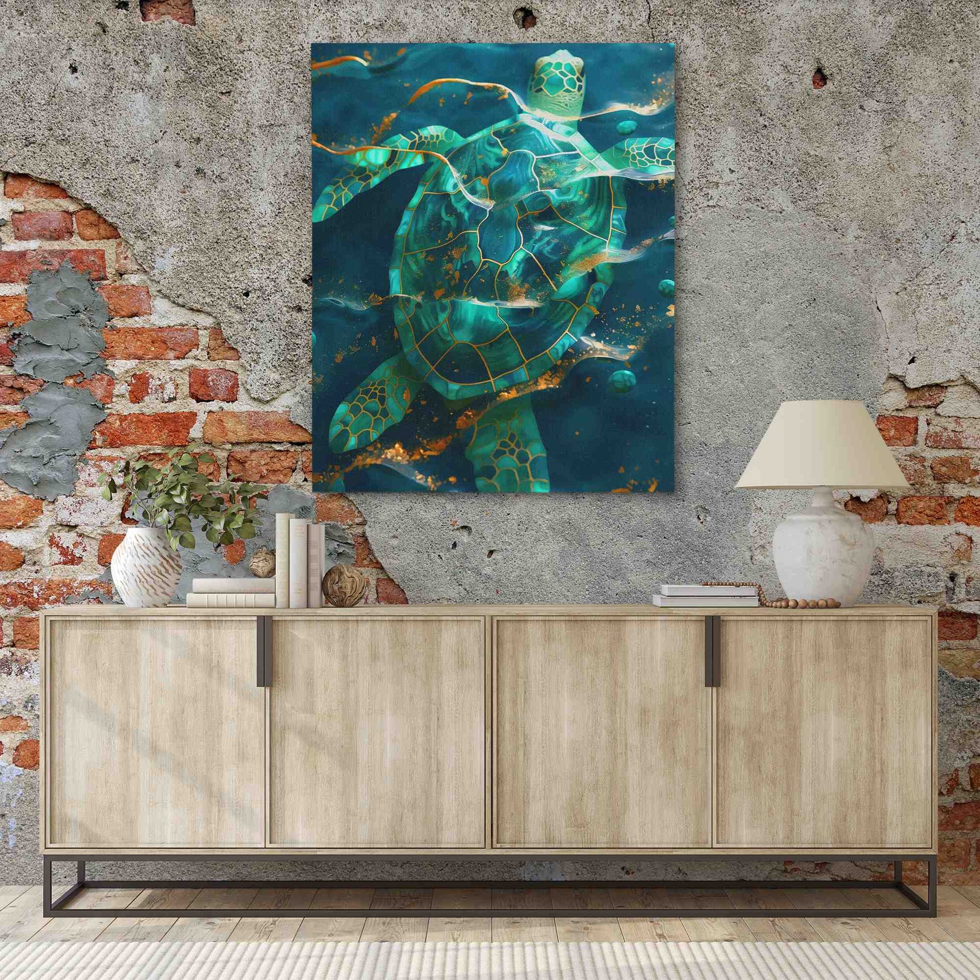 Turtle in Gold Waves - Luxury Wall Art