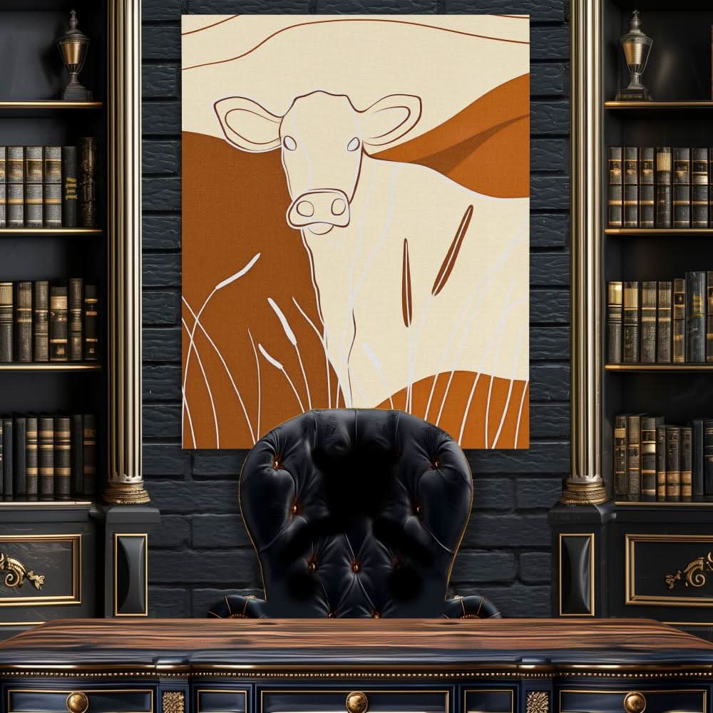Valley Cow - Minimalist Beige Canvas Wall Art
