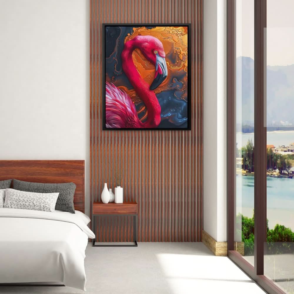 Vibrant Flamingo - Black And Pink Wall Art in Black Frame