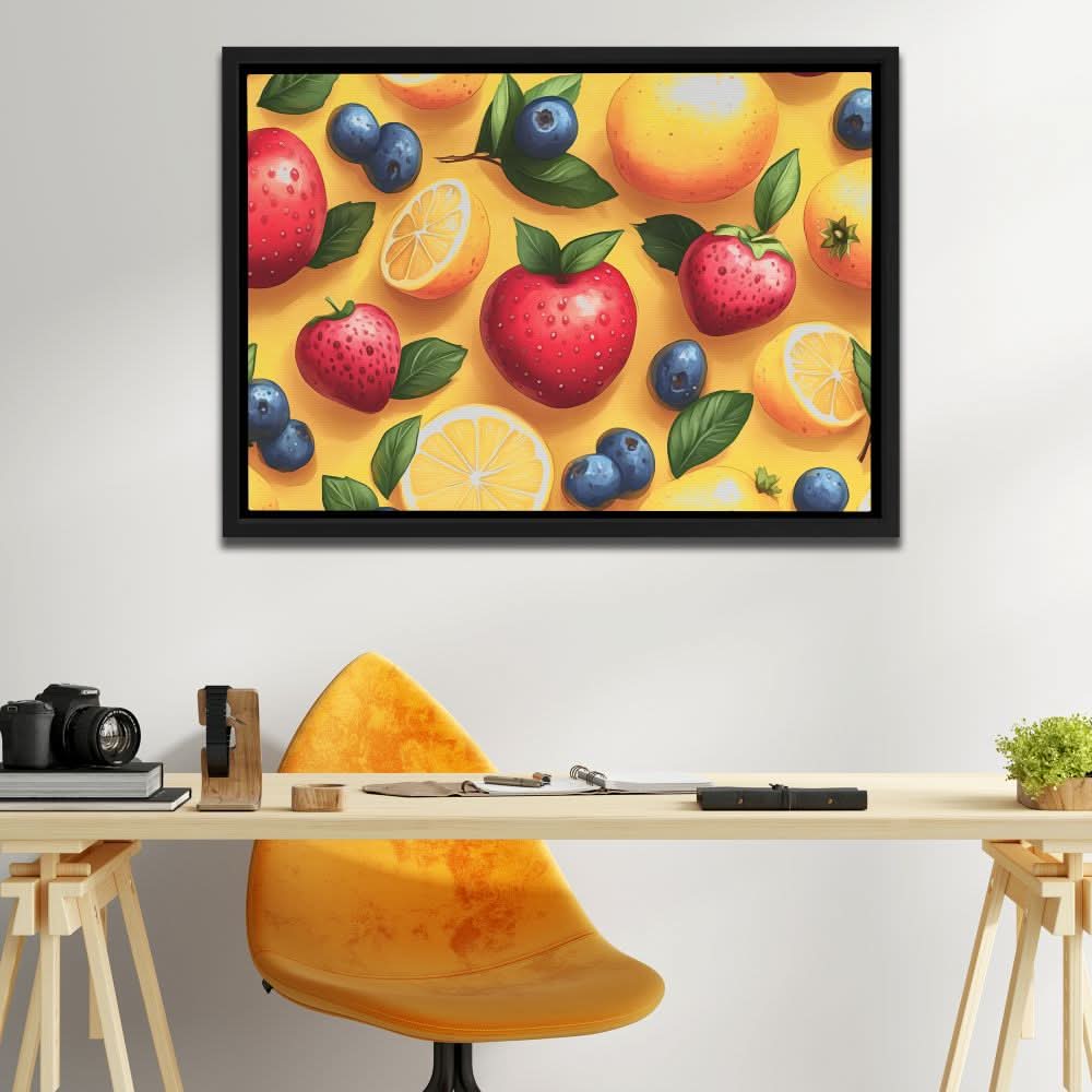 Vibrant Fruit Illustration - Fruits & Vegetables Wall Art in Black Frame