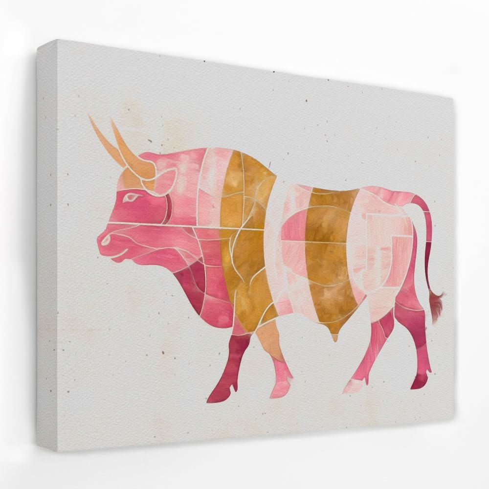 Watercolor Pink Bull - Animals Canvas Wall Art