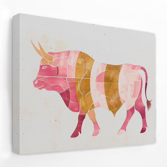 Watercolor Pink Bull - Animals Canvas Wall Art