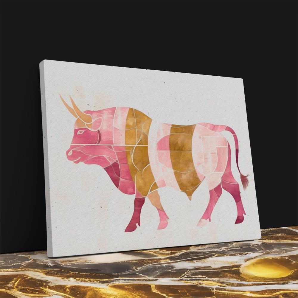 Watercolor Pink Bull - Contemporary Wall Art in Black Frame