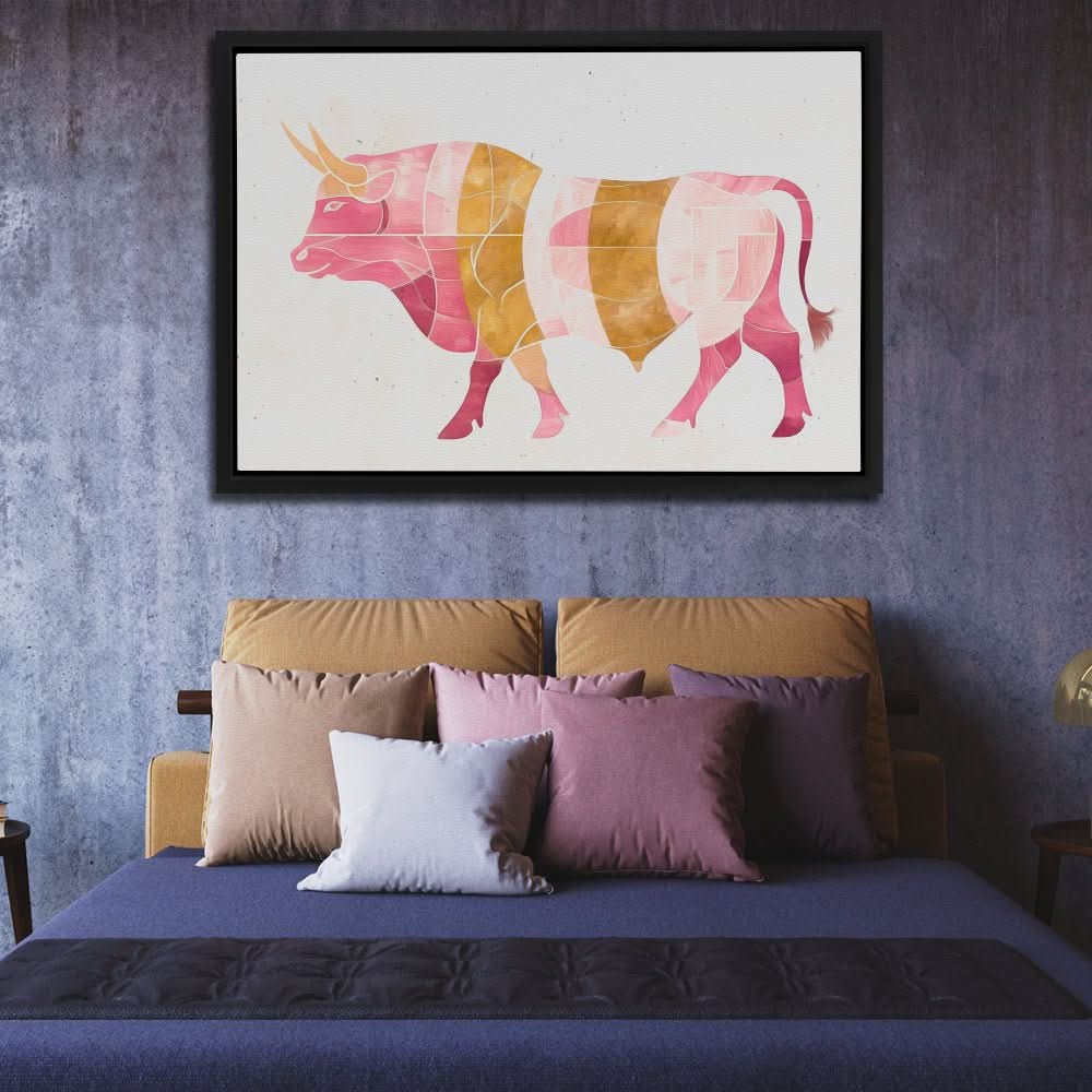 Watercolor Pink Bull - Bull Wall Art in Black Frame