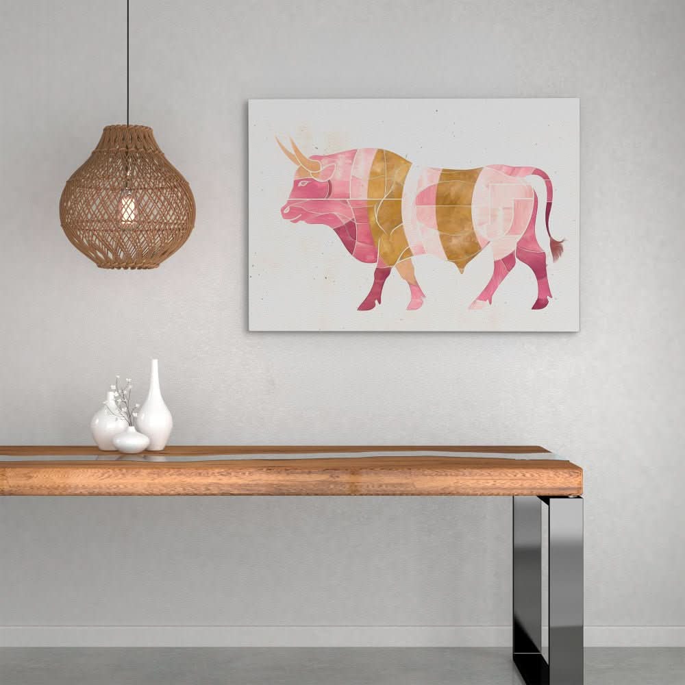 Watercolor Pink Bull - Earth Tones Wall Art for Living Room