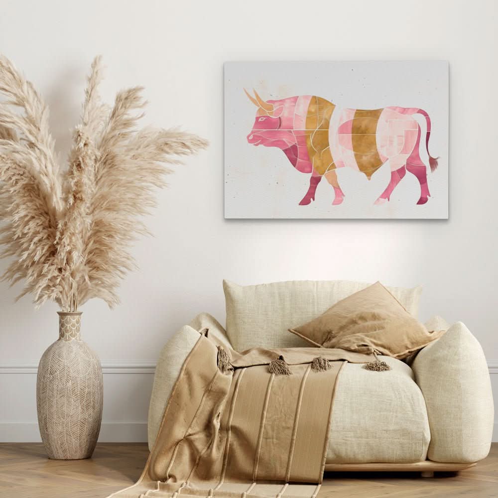 Watercolor Pink Bull - Earth Tones Bull Canvas Print