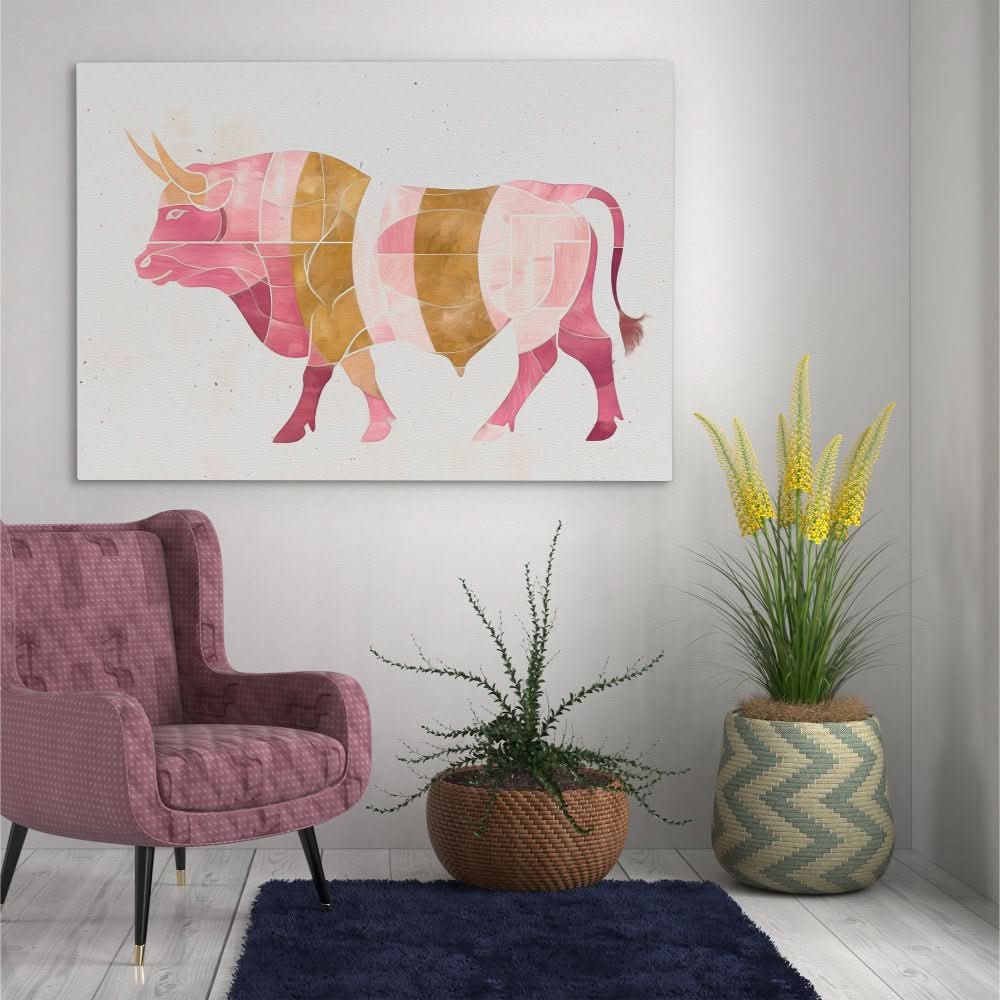 Watercolor Pink Bull - Minimalist Gold Canvas Wall Art