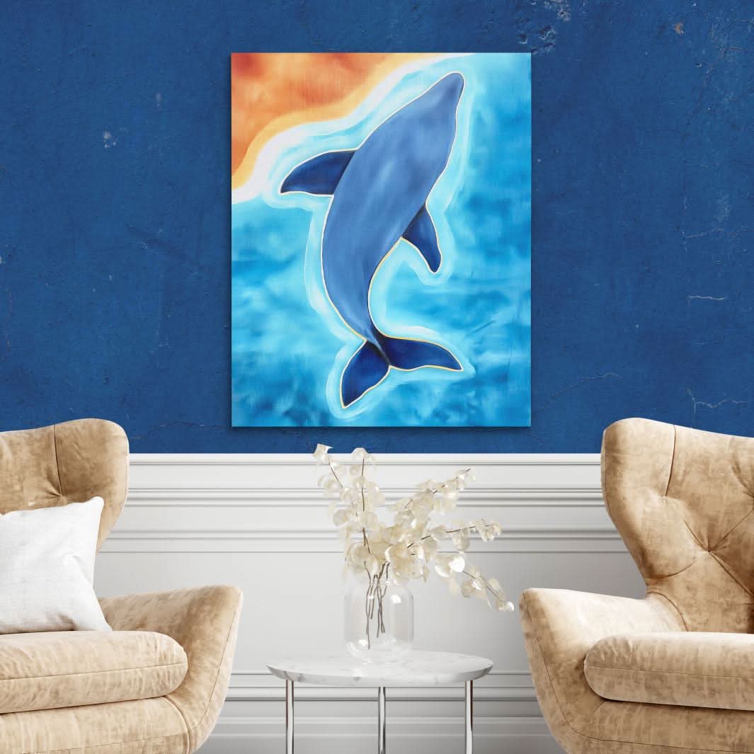 Whale Coast Flow - Minimalist Wall Art in Black Frame