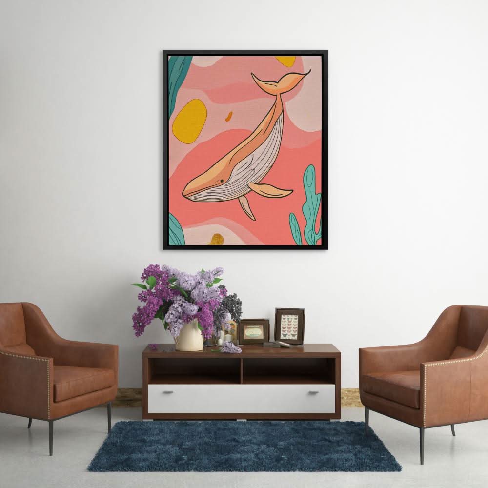 Whale in Pink Sea - Coastal Art for Kids Room