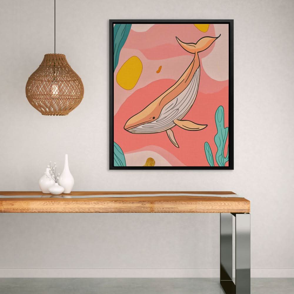 Whale in Pink Sea - Minimalist Wall Art in Black Frame