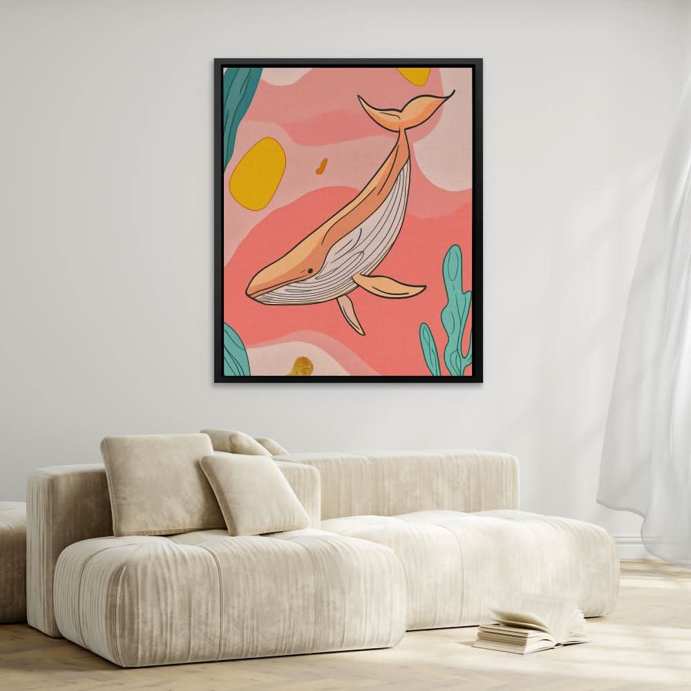 Whale in Pink Sea - Minimalist Pink Canvas Wall Art