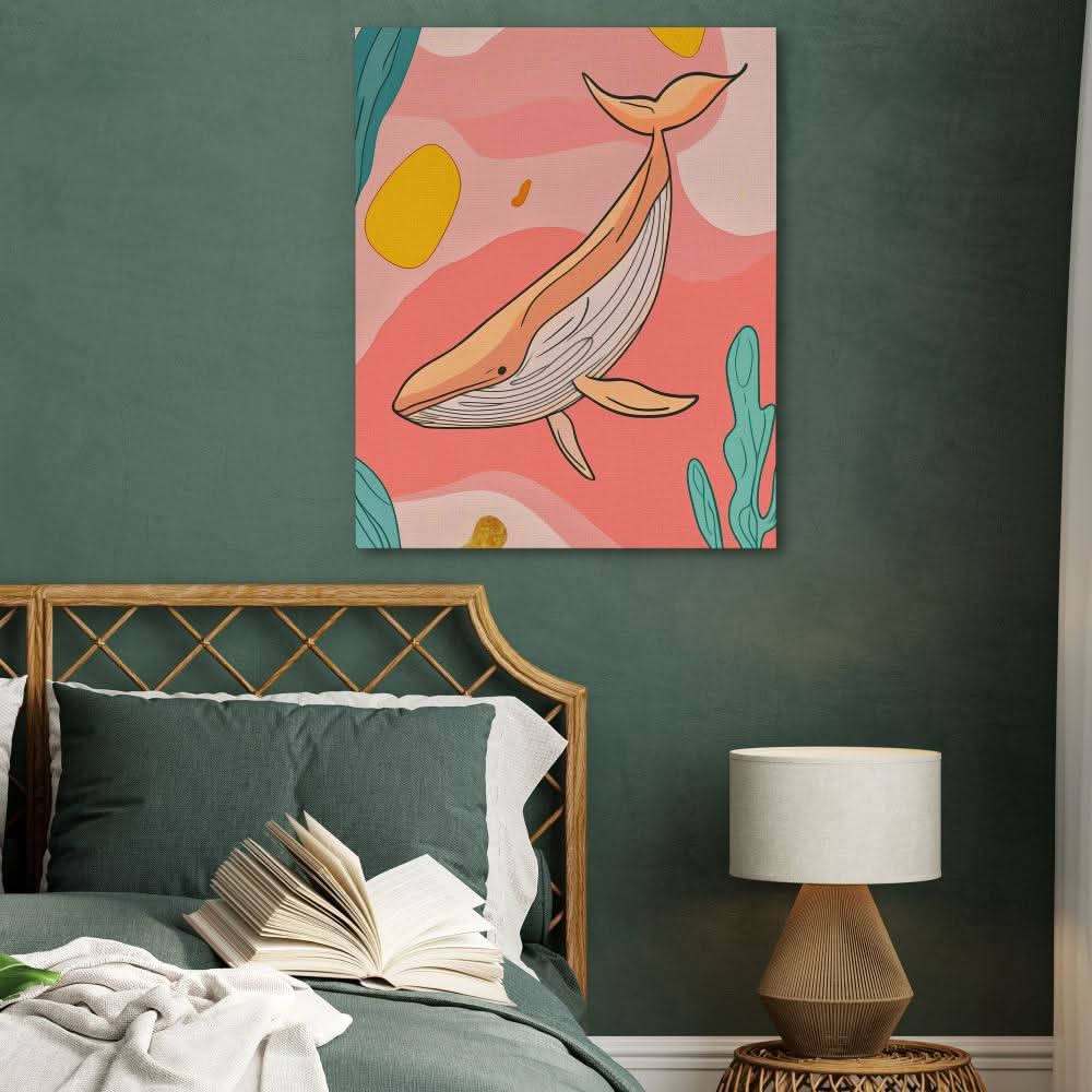 Whale in Pink Sea - Ocean Blues Wall Art in Black Frame