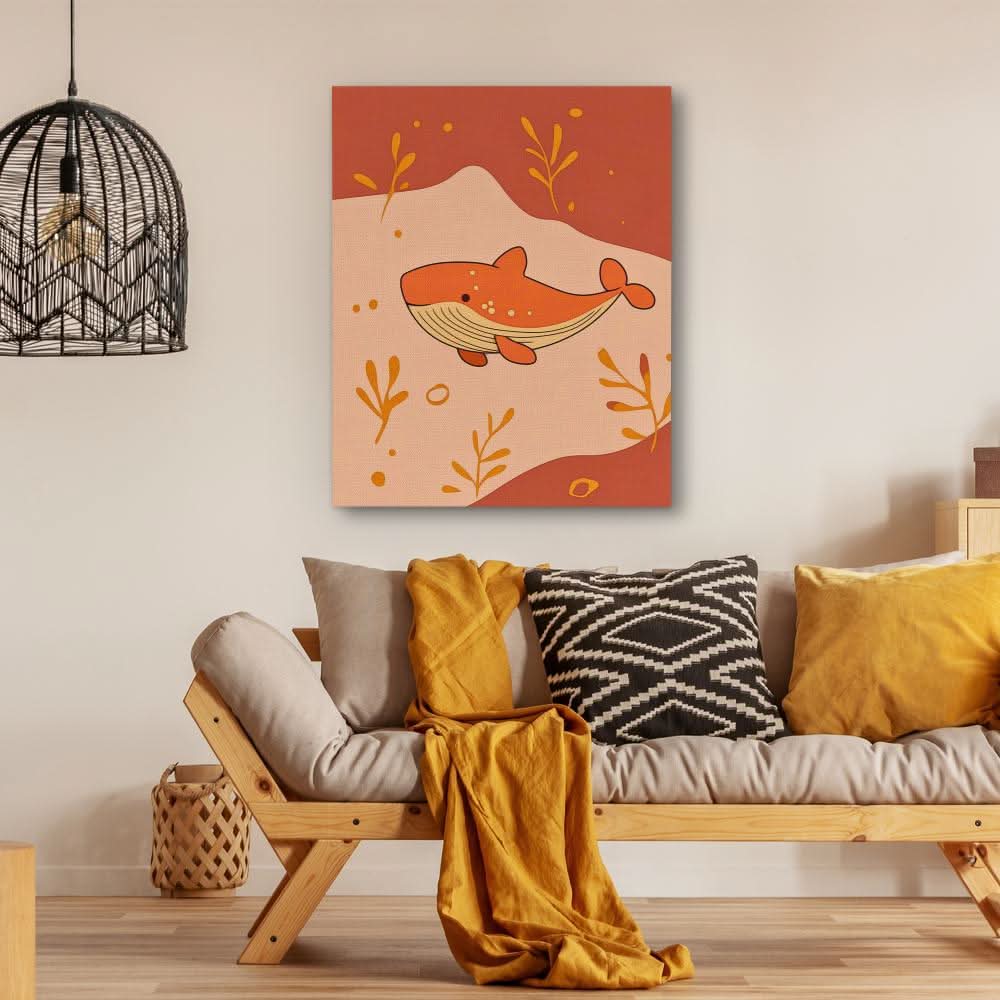 Whale in Warm Colors - Minimalist Wall Art in Black Frame