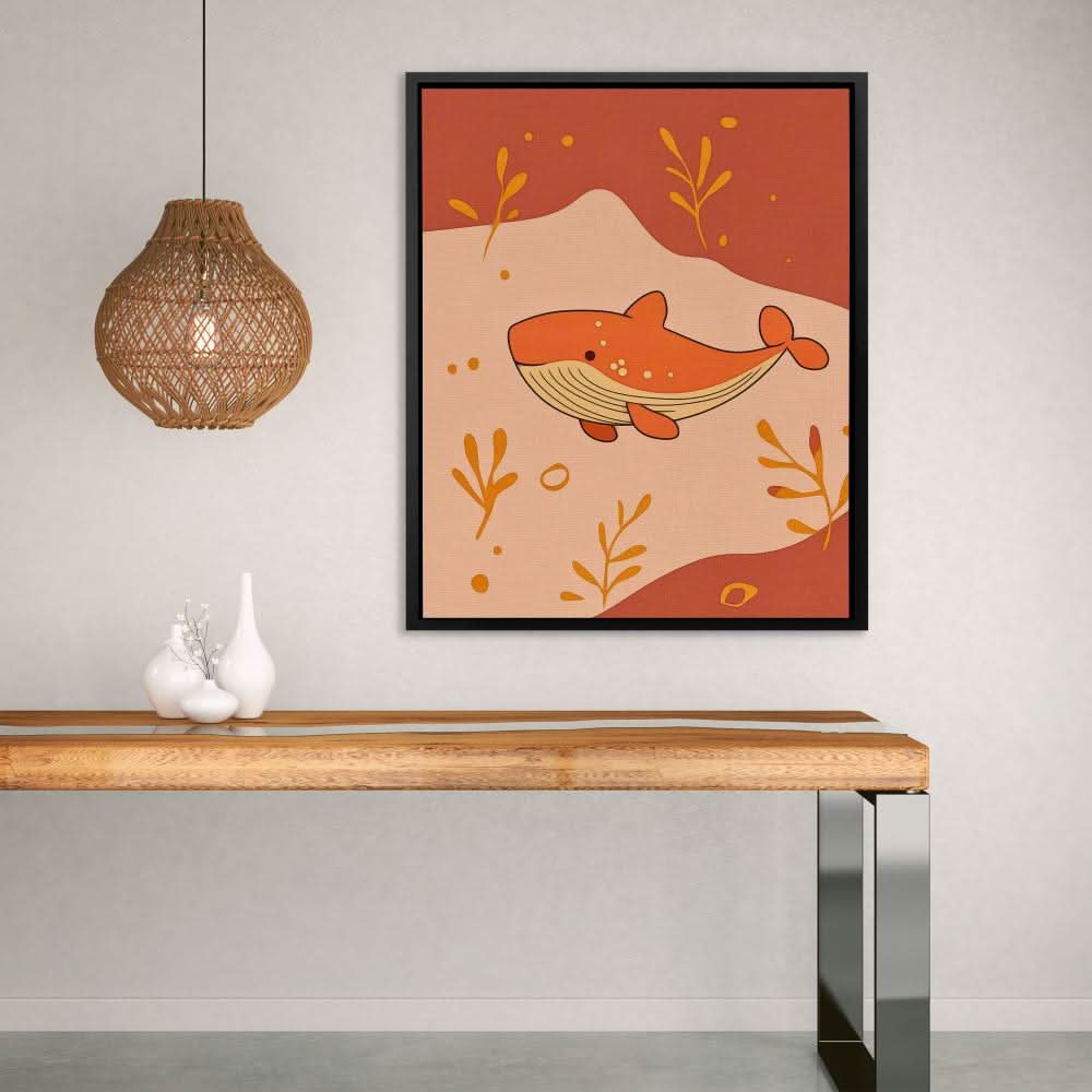 Whale in Warm Colors - Coastal Wall Art in Black Frame
