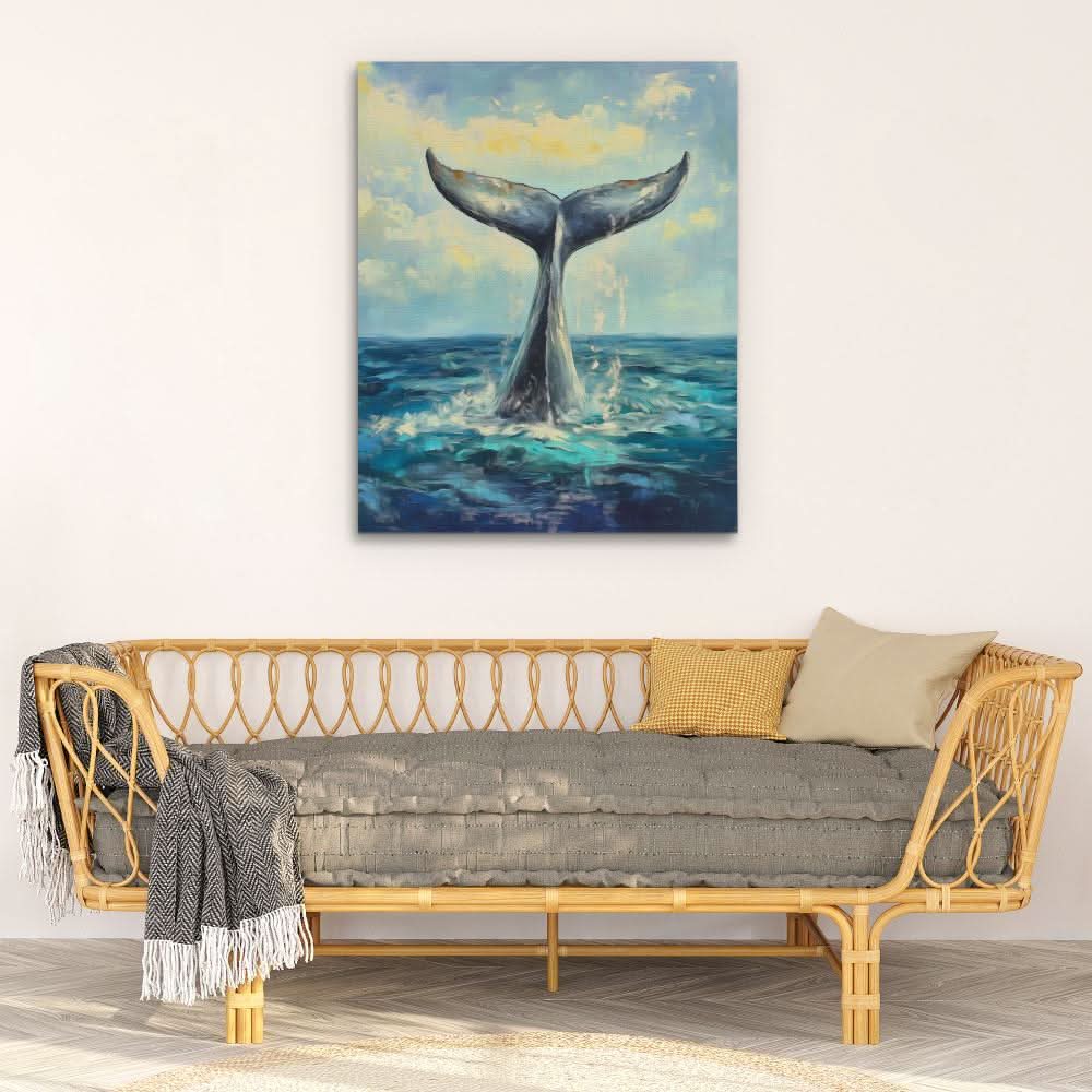 Whale Tail Splash - Beach House Wall Art in Black Frame