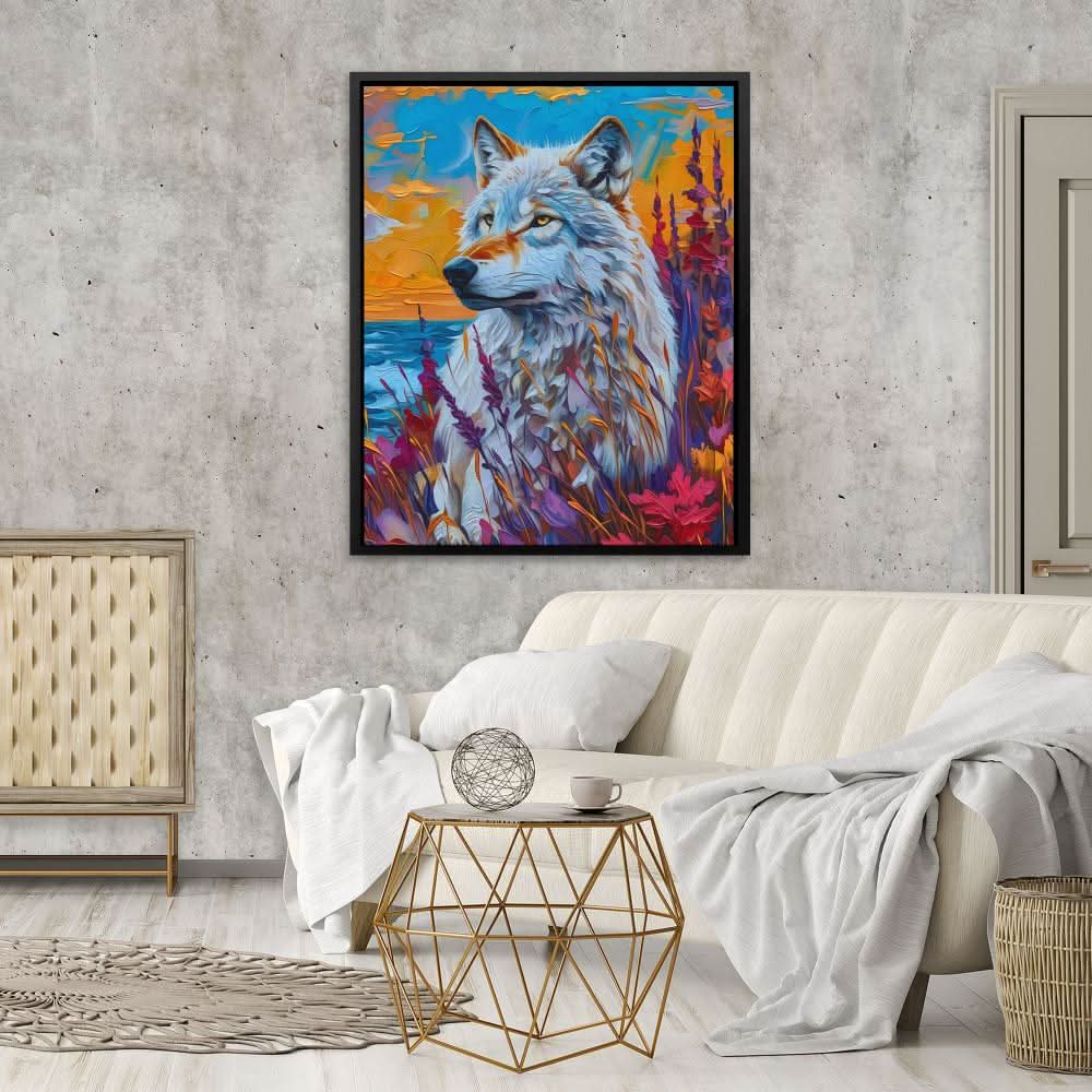 White Wolf Gazing - Colorful Landscapes Canvas Print