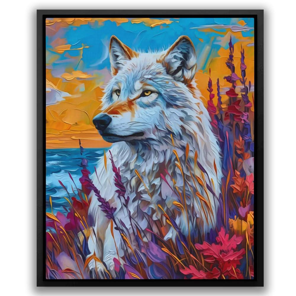 White Wolf Gazing - Abstract Colorful Canvas Wall Art