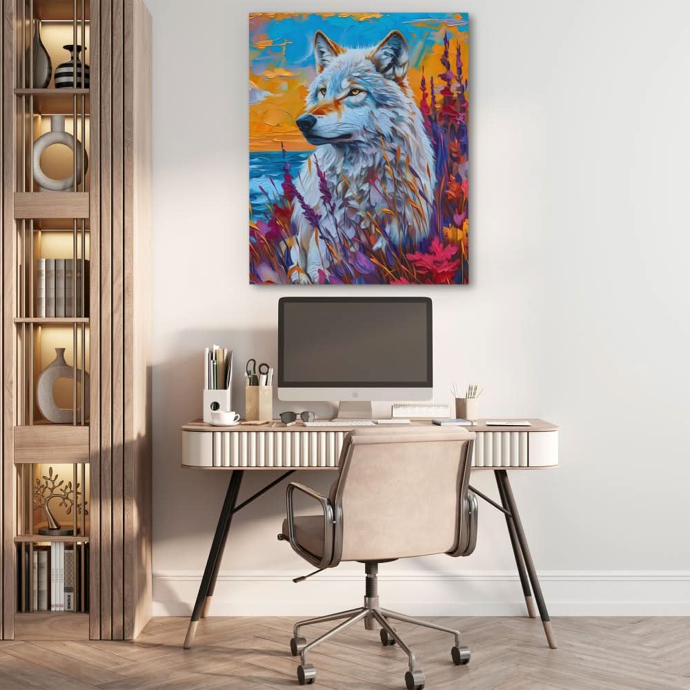 White Wolf Gazing - Landscapes Wall Art in Black Frame