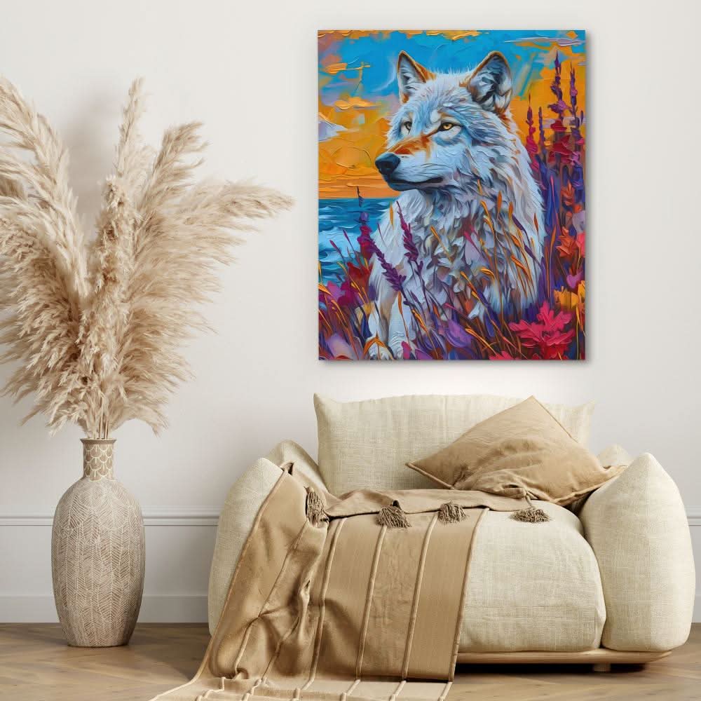 White Wolf Gazing - Colorful Wall Art for Dining Room