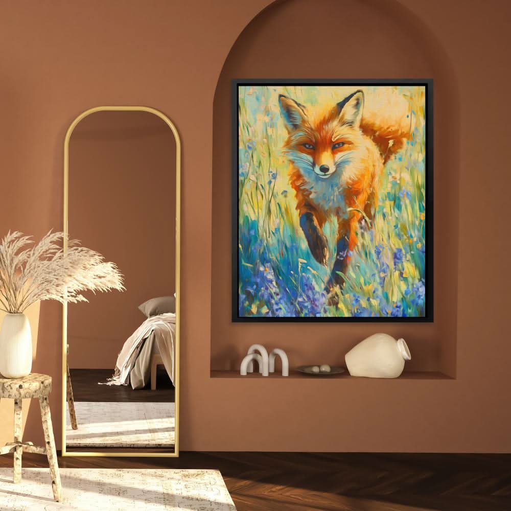 Wildflower Fox - Modern Blue Canvas Wall Art