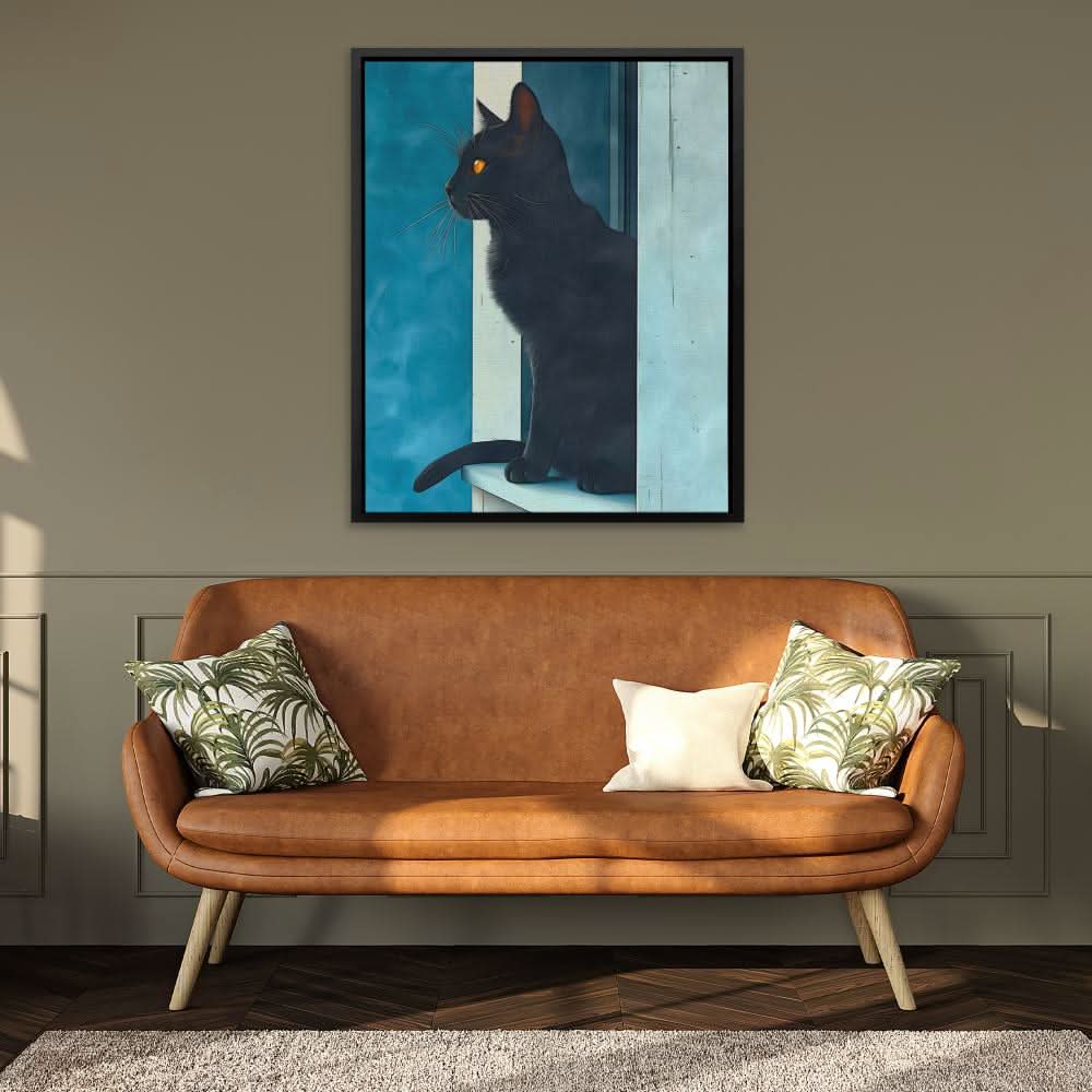 Windowsill Cat - Minimalist Wall Art in Black Frame