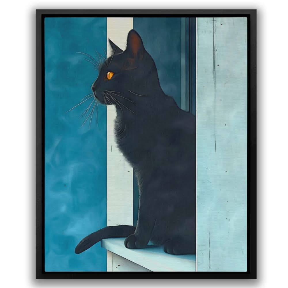 Windowsill Cat - Minimalist Blue Canvas Wall Art
