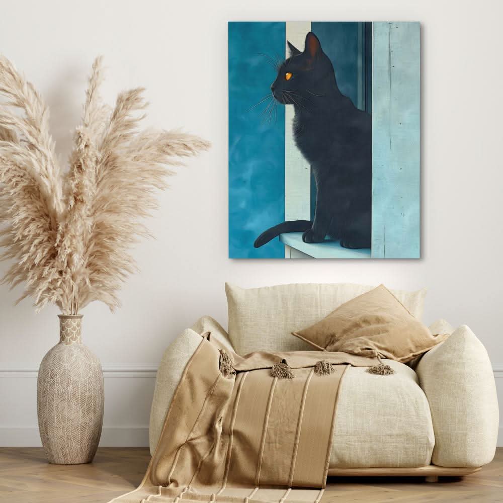 Windowsill Cat - Blue Wall Art for Hallway