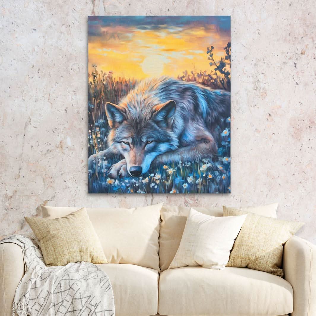 Wolf’s Golden Hour - Cabin Wall Art in Black Frame