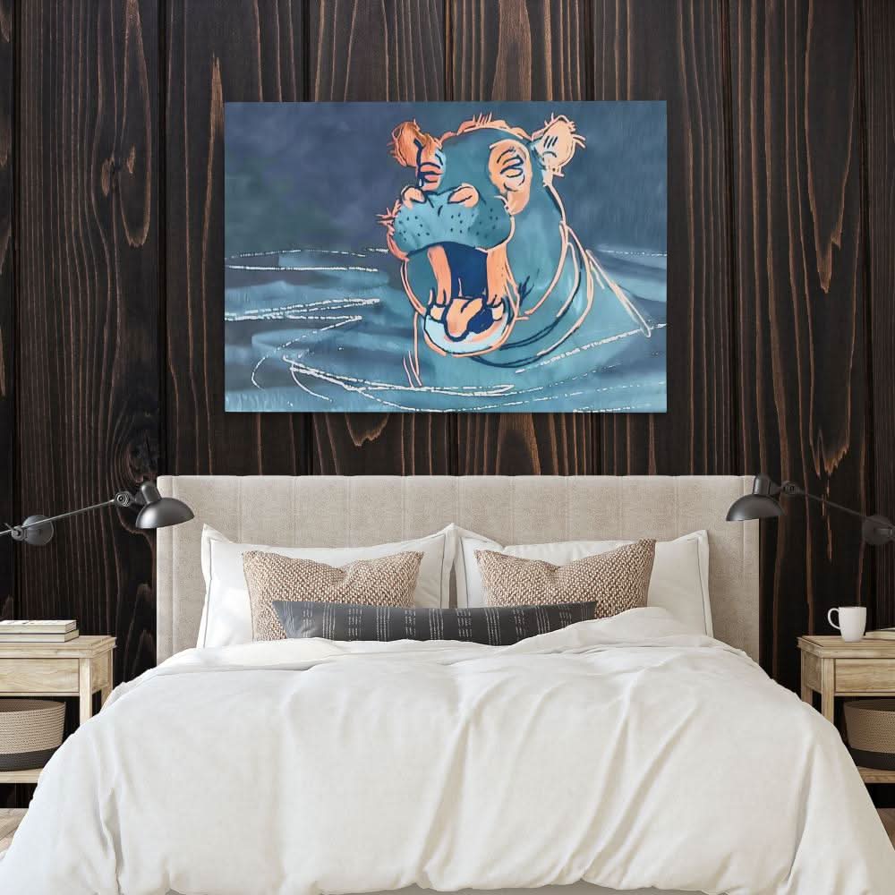 Yawning Hippo - Blue Wall Art for Nursery
