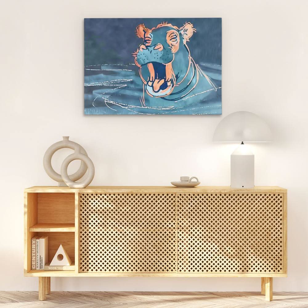 Yawning Hippo - Blue Hippo Canvas Print