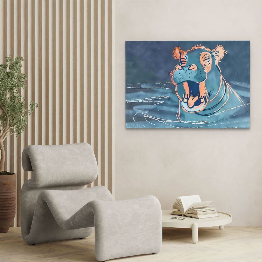 Yawning Hippo - Blue Canvas Wall Art