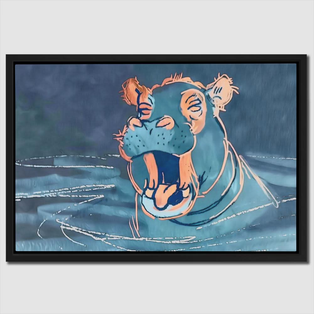 Yawning Hippo - Wall Art in Black Frame