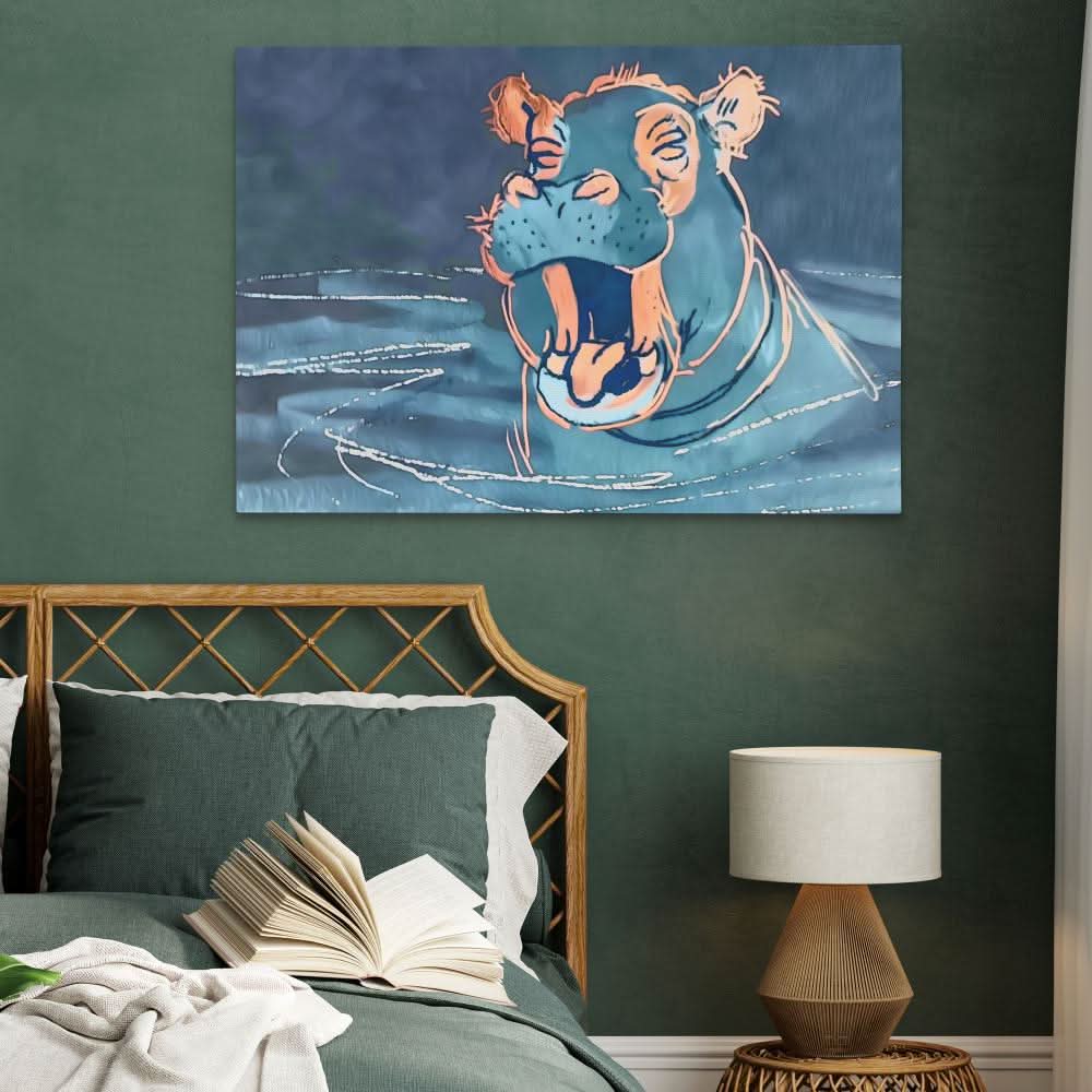 Yawning Hippo - Hippo Wall Art in Black Frame