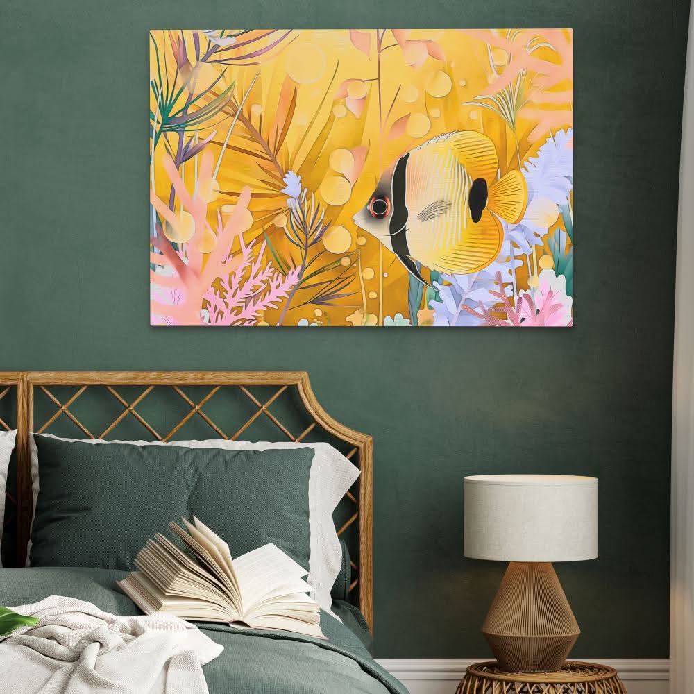 Yellow Floral Fish - Abstract Wall Art in Black Frame