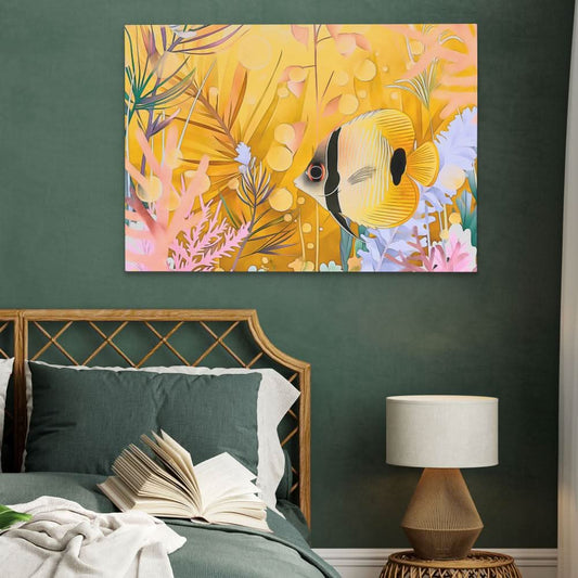 Yellow Floral Fish - Abstract Wall Art in Black Frame